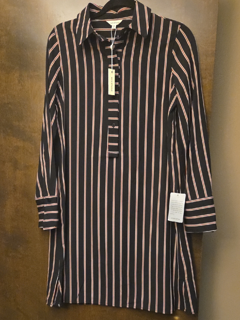 Max Studio Black Striped Button-Front Blouse with Rust and White Accents